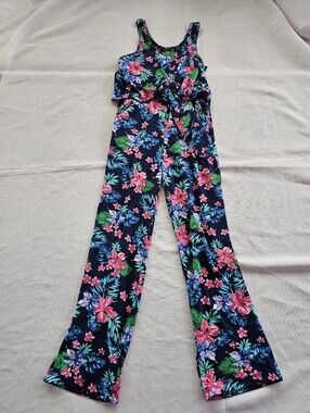 POOF GIRL Floral Romper Jumpsuit w Front Ties Cotton Blend Girls Tween Small EUC
